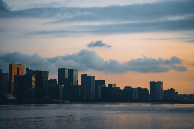 city, buildings, nature, sunrise, skyline, water, twilight, cityscape, early morning, quiet