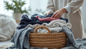 decluttering, clothes, basket, minimalism, minimalist, minimal, woman, ai generated